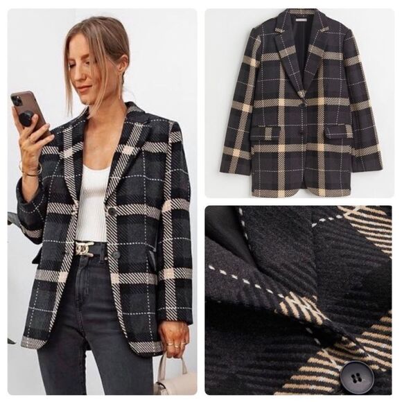Plaid Blazer Jacket H&M Wool Blend Oversized New - Picture 1 of 12